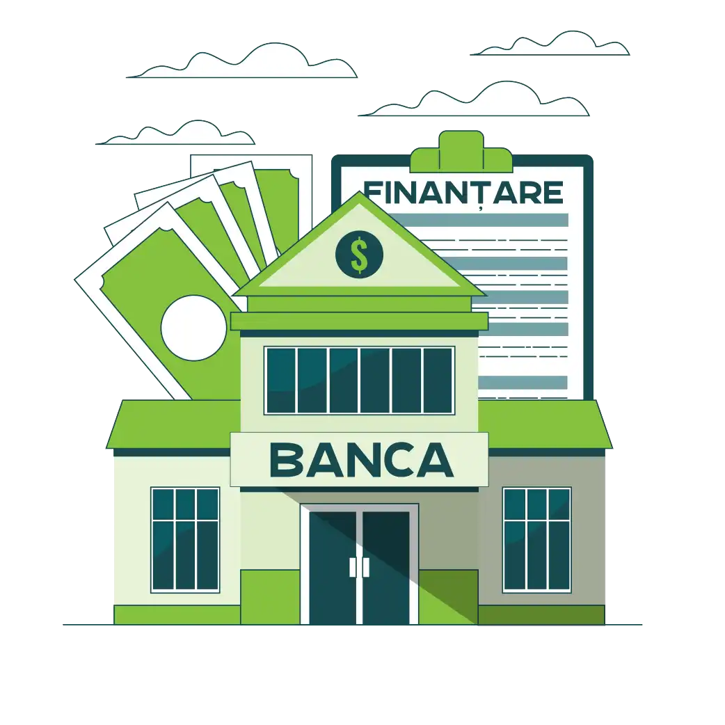 Ilustrație a clădirii unei bănci cu documente de finanțare și bani
