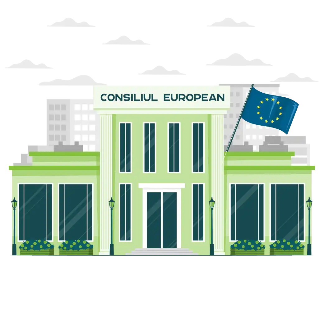 Ilustrație a clădirii Consiliului European cu steagul Uniunii Europene