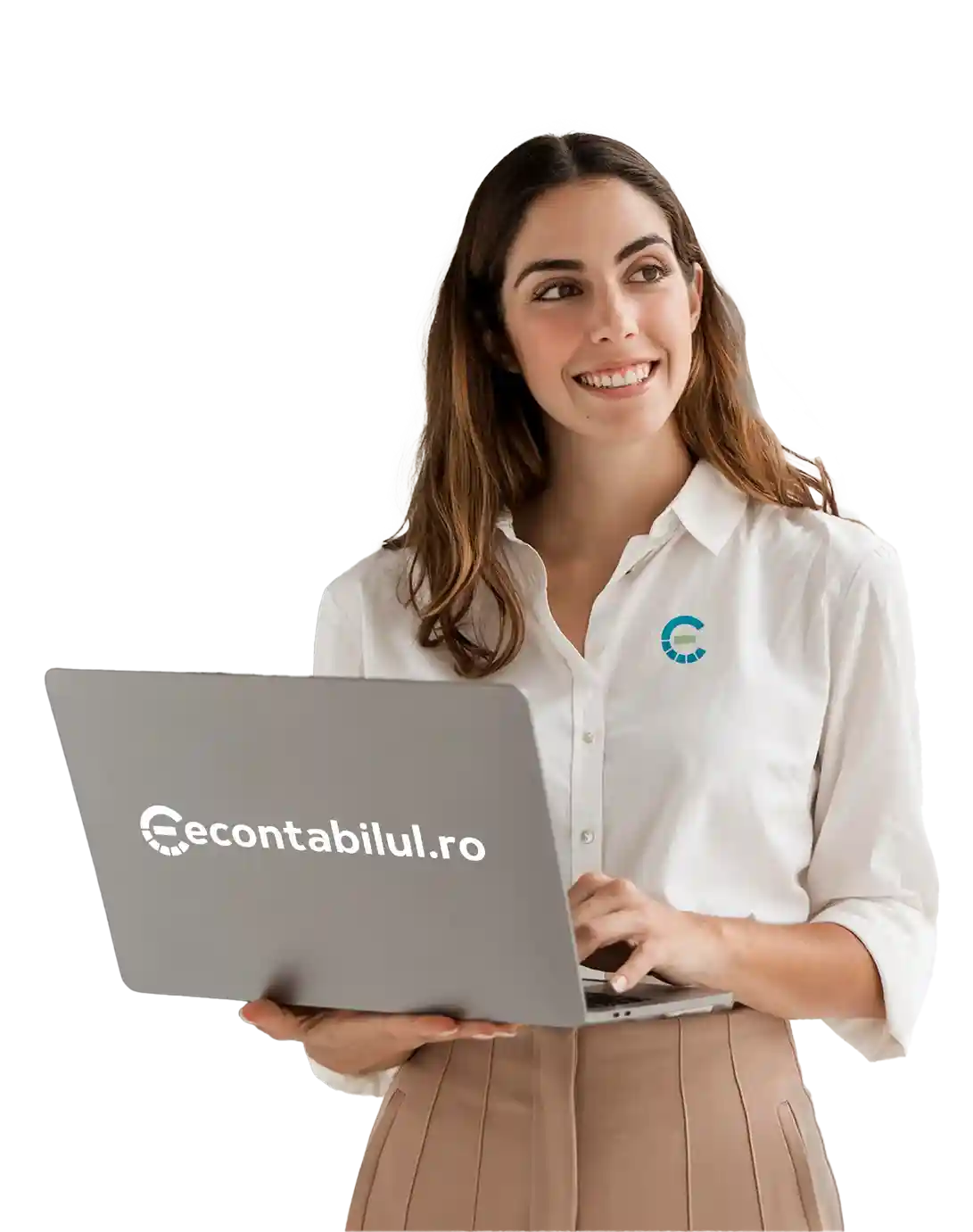 Femeie într-o cămașă albă ținând un laptop cu logo-ul econtabilul.ro