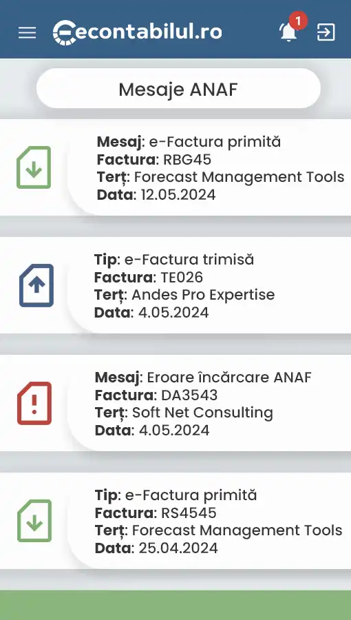 Captură de ecran cu aplicația econtabilul.ro, arătând secțiunea Mesaje ANAF