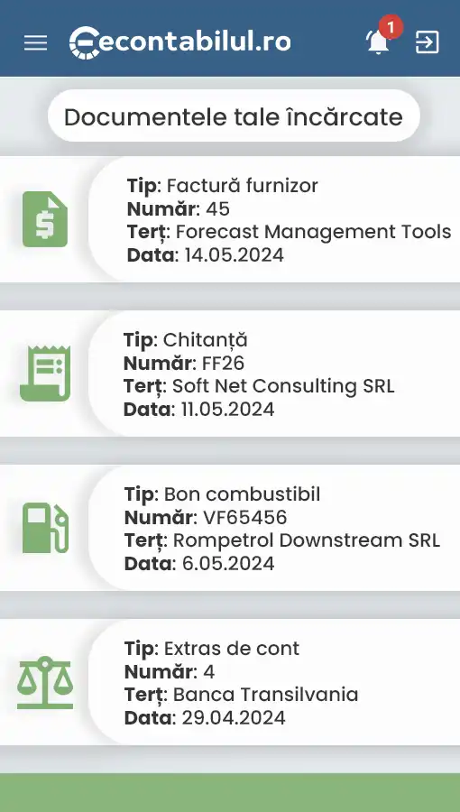 Captură de ecran cu aplicația econtabilul.ro, arătând secțiunea Documentele tale încărcate