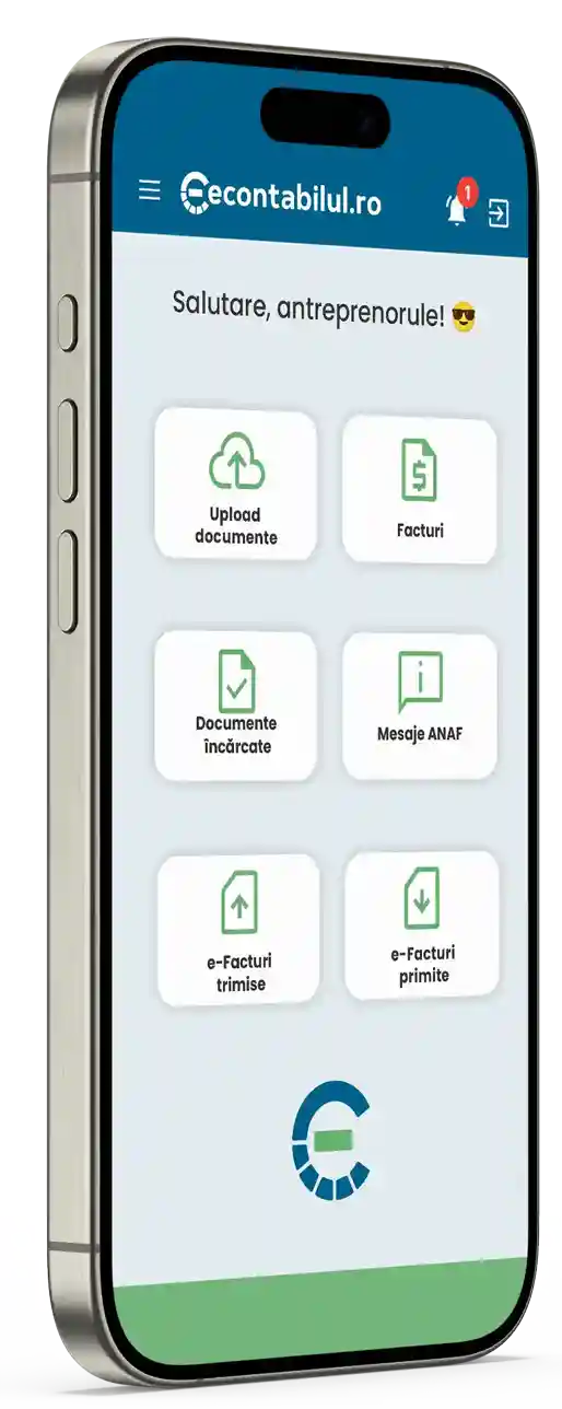 Ecranul unui telefon mobil afișând meniul aplicației econtabilul.ro