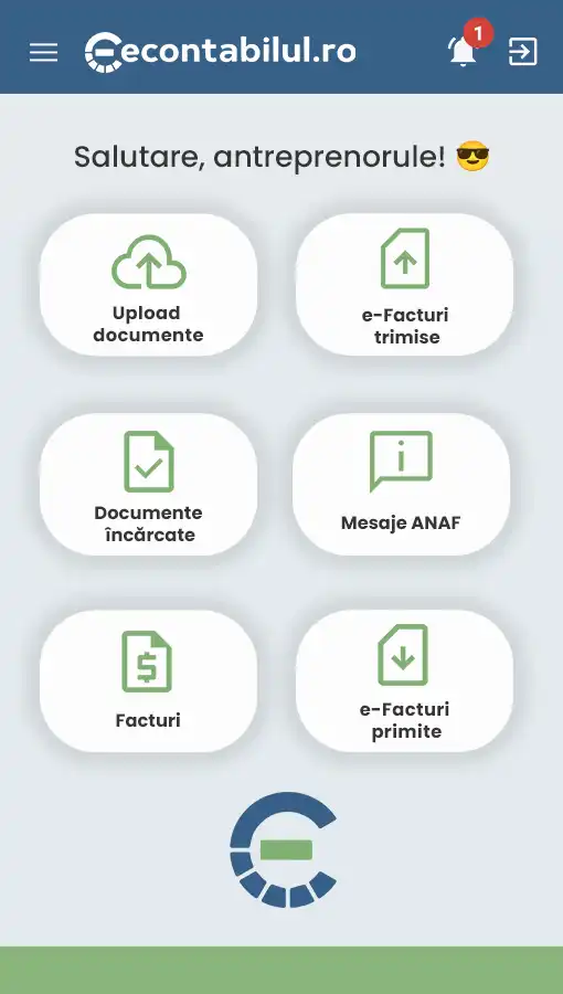 Captură de ecran cu aplicația econtabilul.ro, arătând meniul principal