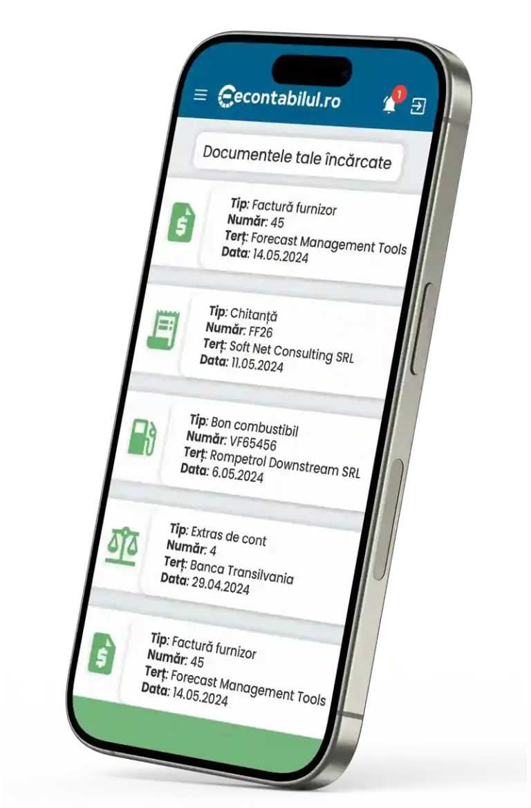 Ecranul unui telefon mobil iPhone afișând documentele încărcate în aplicația econtabilul.ro