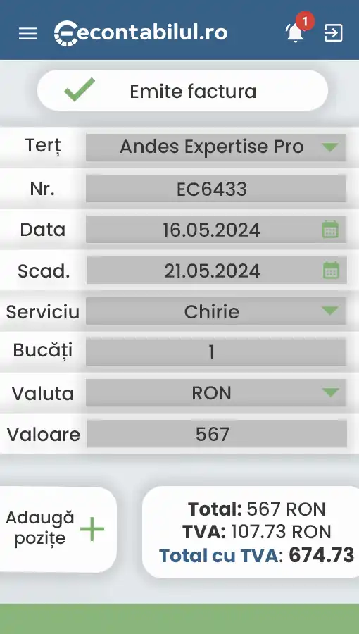 Captură de ecran cu aplicația econtabilul.ro, arătând secțiunea Emite Factura
