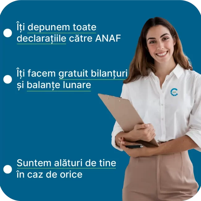 Contabilă profesionistă ținând un clipboard, cu mesaje despre serviciile oferite de econtabilul.ro