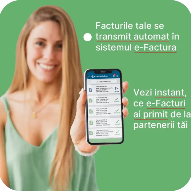 Femeie ținând un telefon cu aplicația econtabilul.ro deschisă, prezentând opțiunea e-Factura