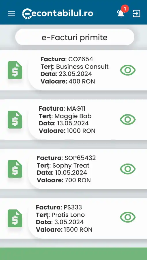 Captură de ecran cu aplicația econtabilul.ro, arătând secțiunea e-Facturi primite